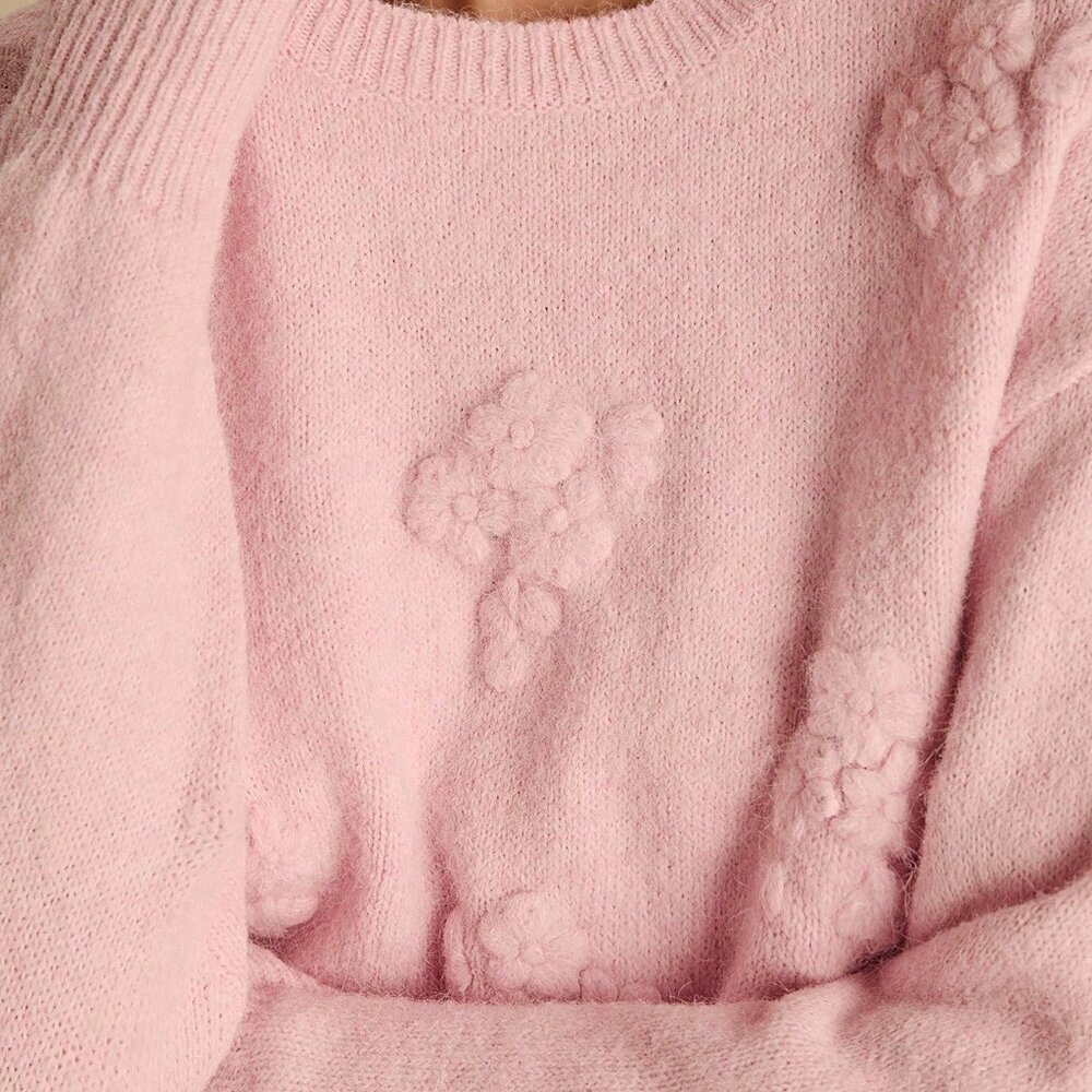 Pink Romantic Women's Pastel 3D Flowers Embroidered Long Sleeve Cute Sweater - Picture 8 of 8